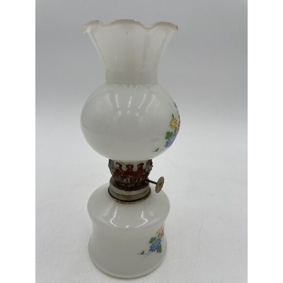 Miniature White Milk Glass Oil Lamp Hand-Painted Floral Design & Decorative Trim - Picture 4 of 7
